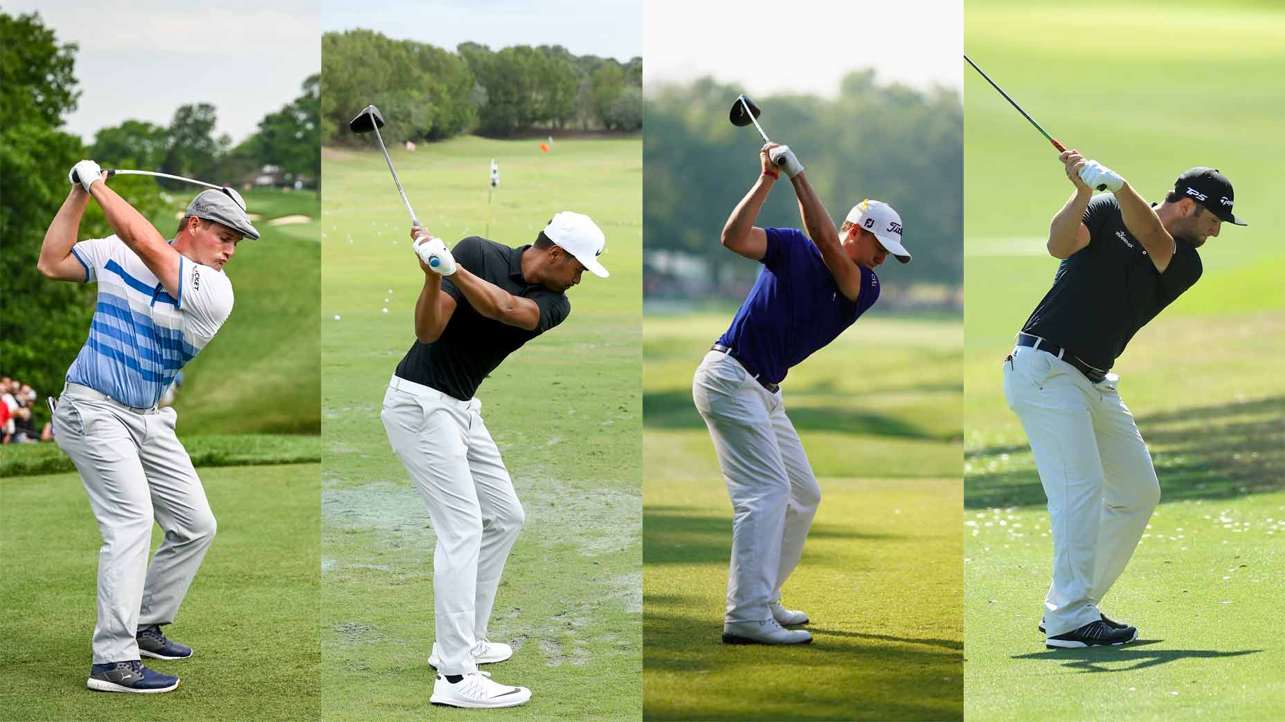 Professional golfer swinging a club on the fairway.