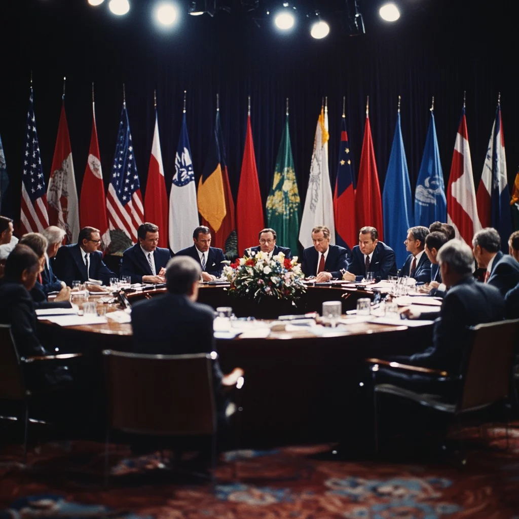 Modern conference facilities inside an international diplomatic center.