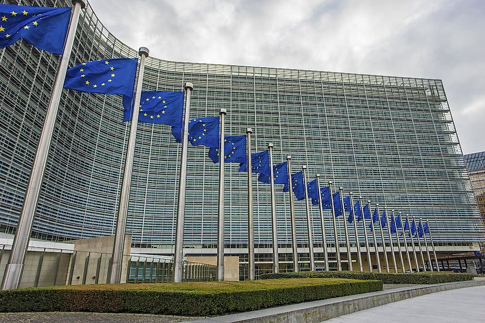 The European Commission headquarters building facade in Brussels, Belgium.