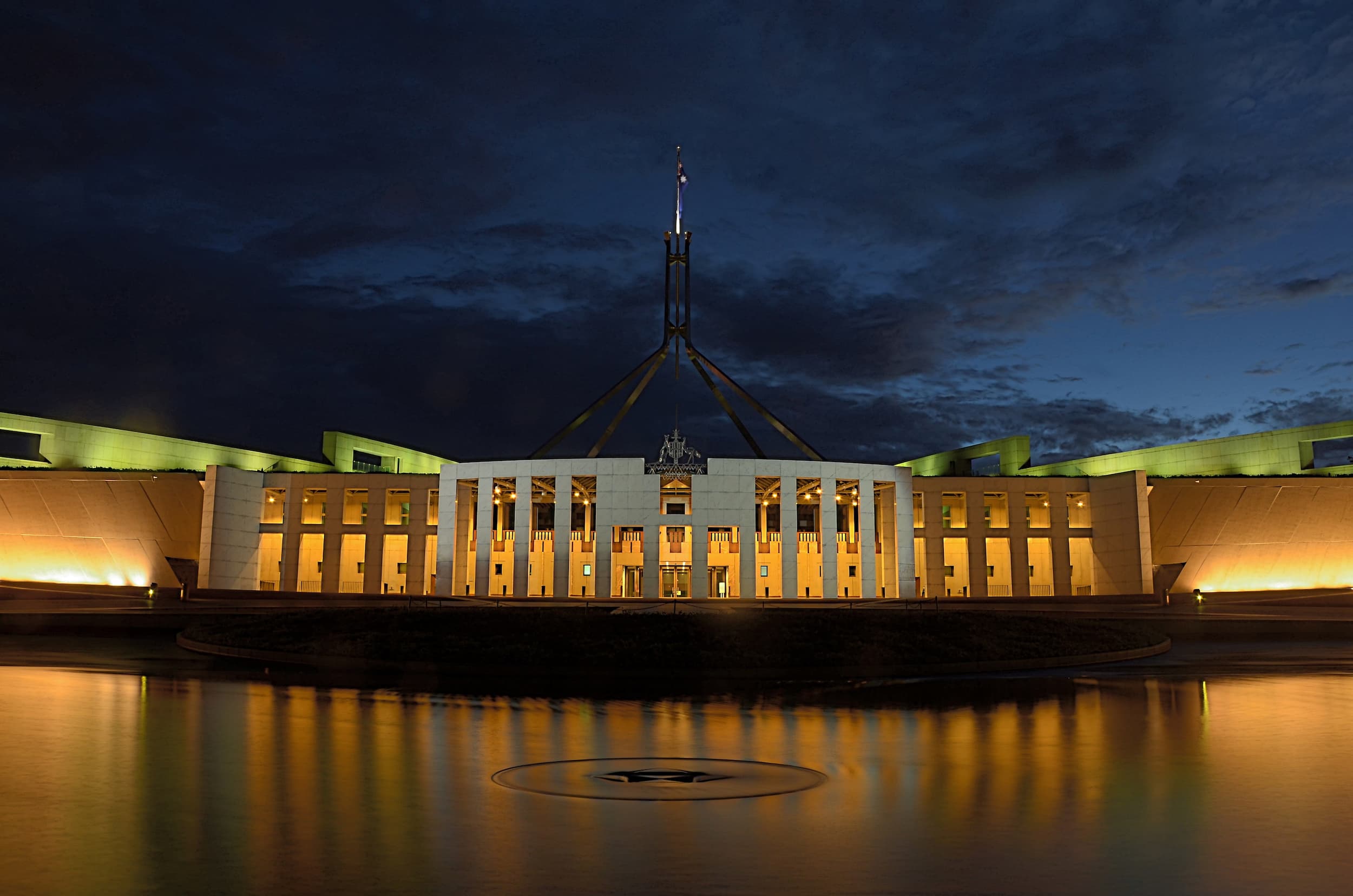 Australian parliamentary building exterior architecture in Canberra.
