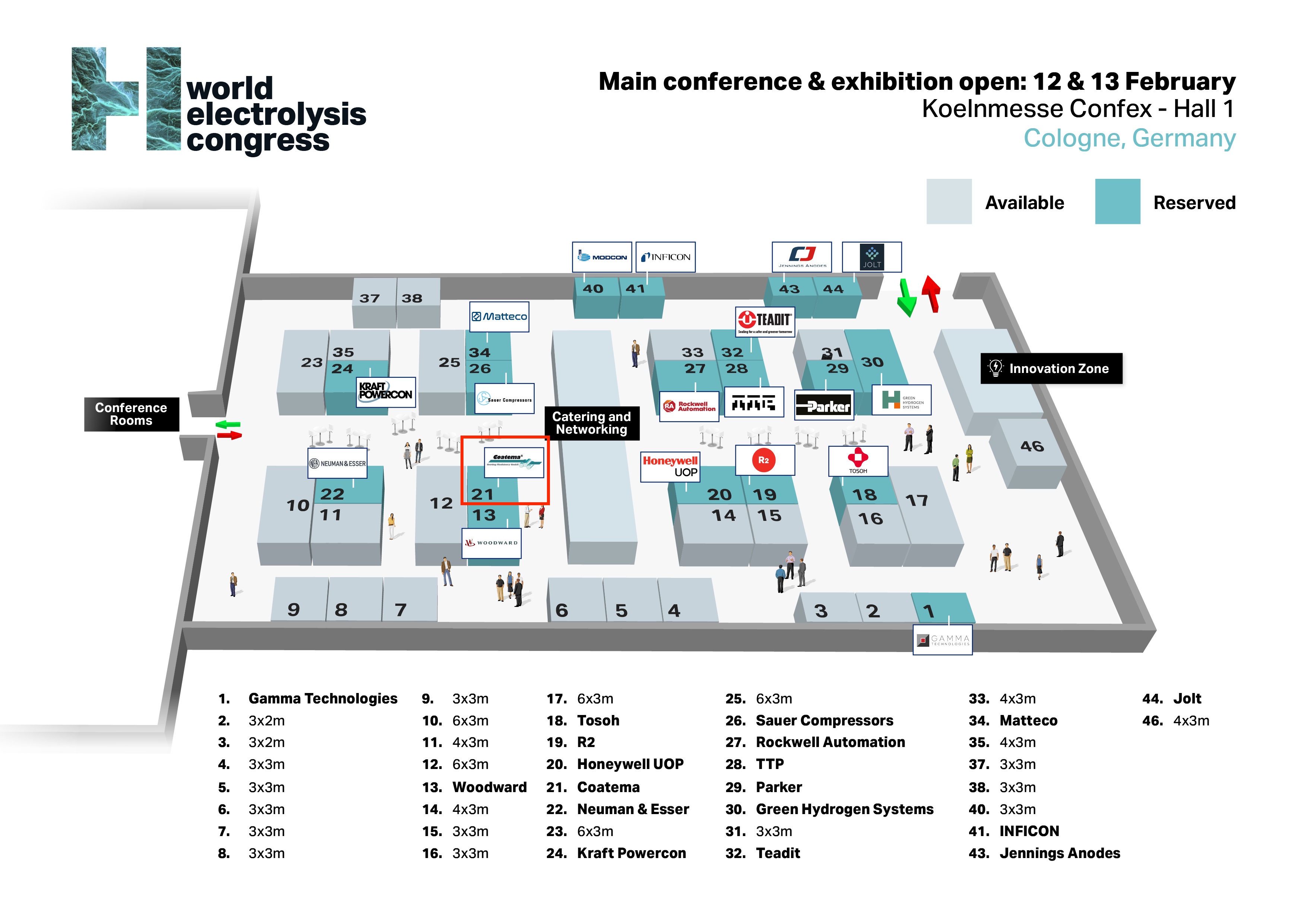 Floor plan and exhibition layout for the World Electrolysis Congress at the Koelnmesse Confex in Cologne, Germany.