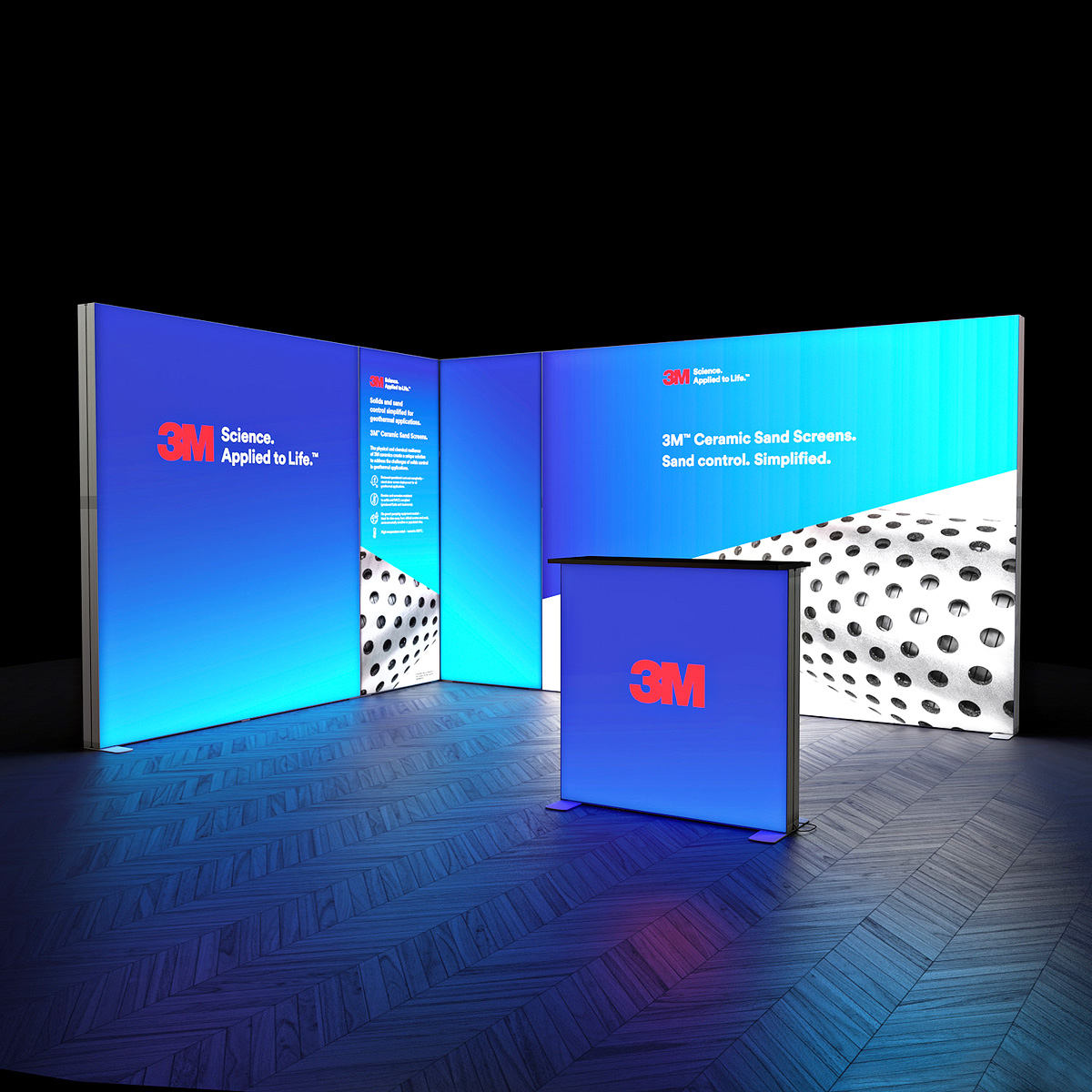 Exhibition booths lit up with digital displays and promotional banners.