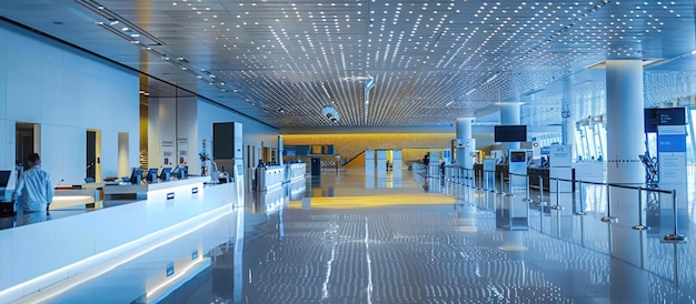 A modern airport terminal interior with check-in counters and polished reflective flooring.