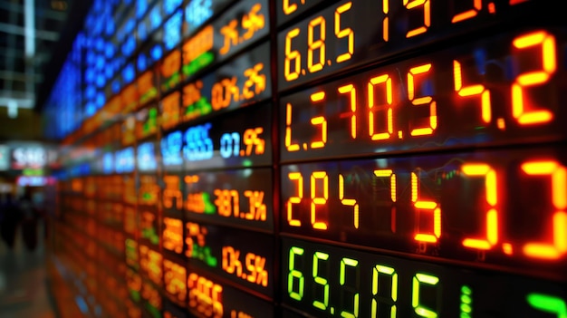 Electronic financial data tickers displaying live stock market prices.