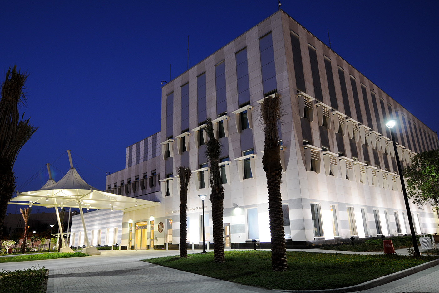 The exterior facade of a U.S. Embassy building located overseas.