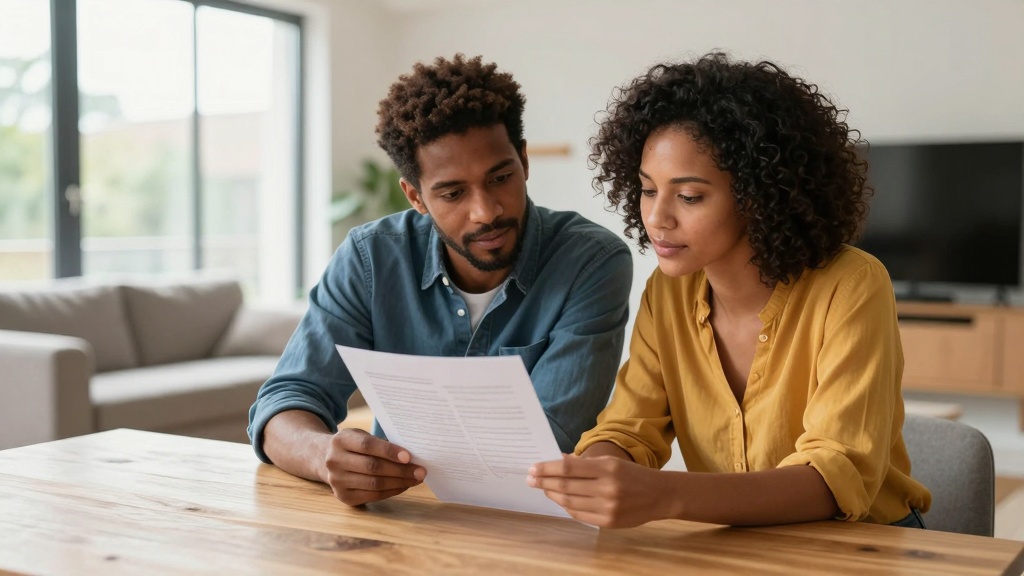 Couple reviewing documents together at home.
