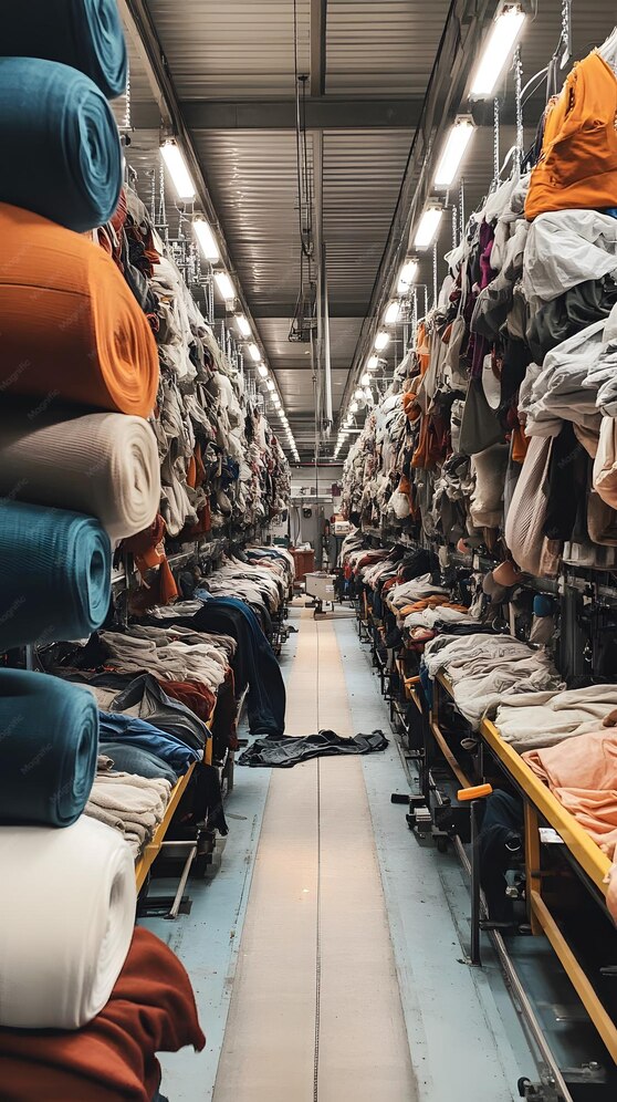 Textile rolls stacked inside an industrial garment factory.