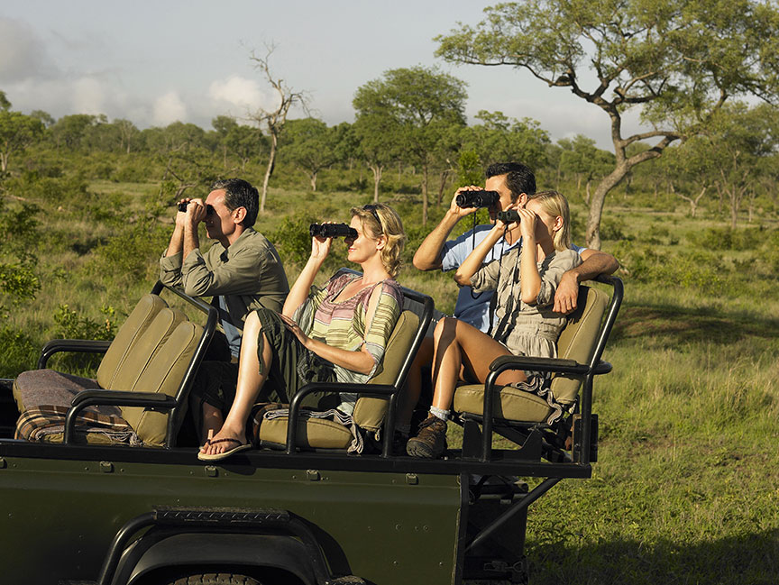 Tourists observing wildlife from a safari vehicle in the Serengeti National Park, Tanzania.