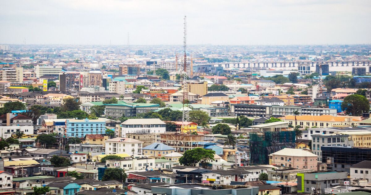 An aerial view of the urban cityscape and sprawling architecture of Lagos, Nigeria.