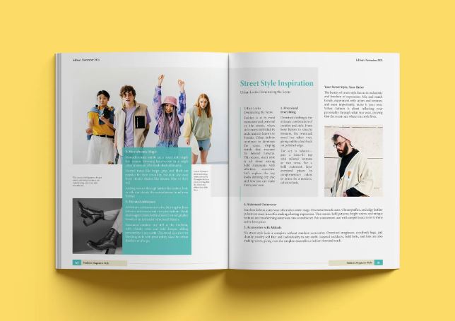 Fashion magazine editorial layout open on a yellow studio surface.