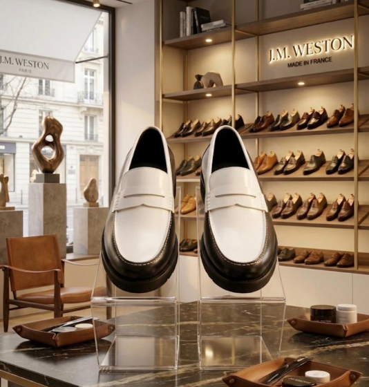 Leather loafers and footwear displayed inside a boutique retail store.