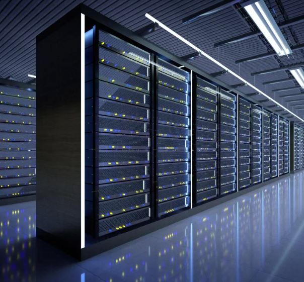 Digital server racks glowing with server activity lights.