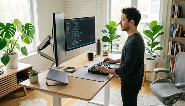 Software developer working on computer code inside a bright technology workspace.