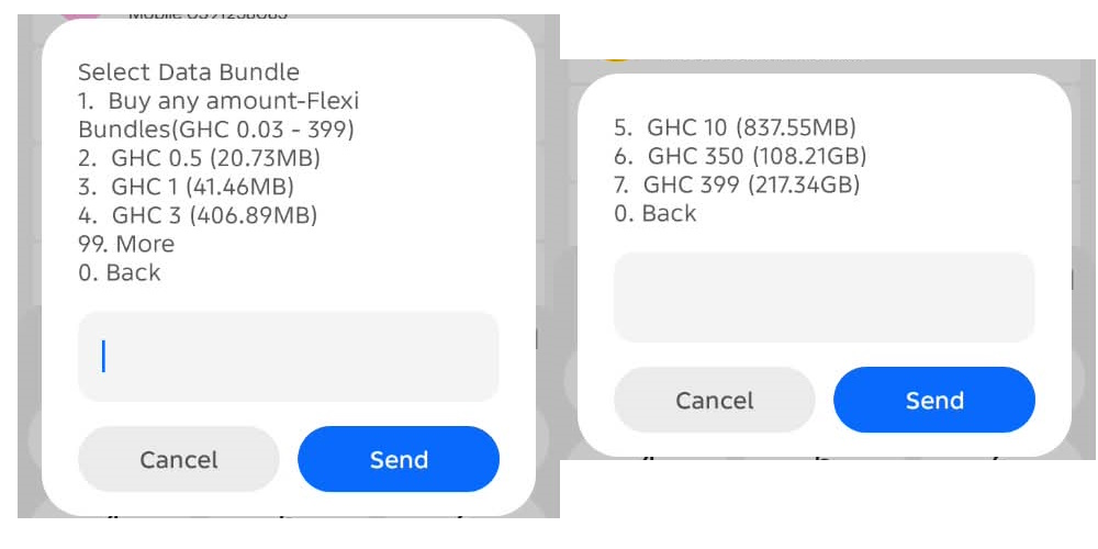 MTN data bundle USSD menu interface screenshots in Accra, Ghana showing options 1 through 7